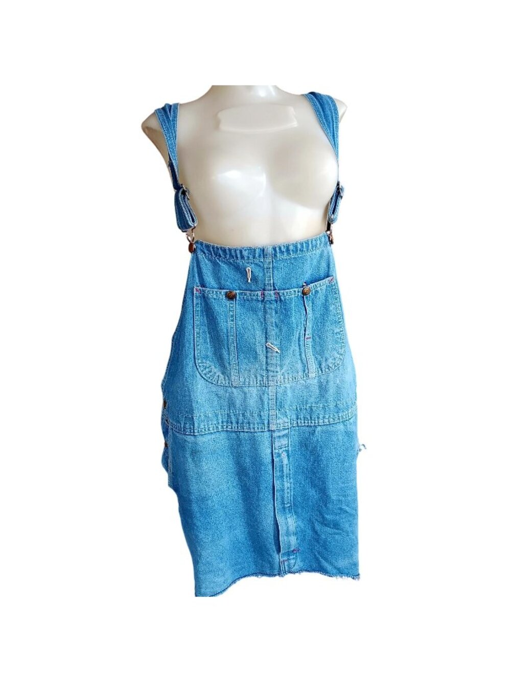 Womens Vintage Dickies Blue Denim Overall Dress Pockets & Distressed Details